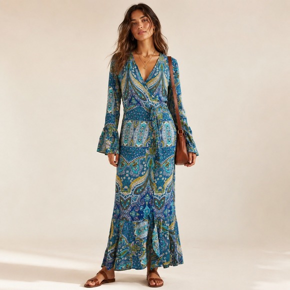 R.Vivimos Dresses & Skirts - R. Vivimos Paisley Wrap Maxi Dress Blue Boho Resort Bell Sleeve M US 8/10
